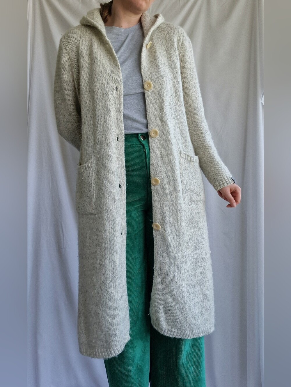 Long Hooded Cream Knit Button-Front Women’s Sweater Coat - Picture 2 of 7